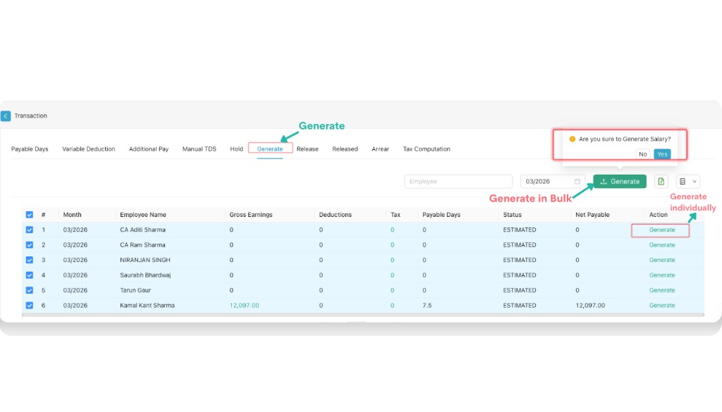 Generate tab showing Generate button and row-wise Generate action with confirmation popup