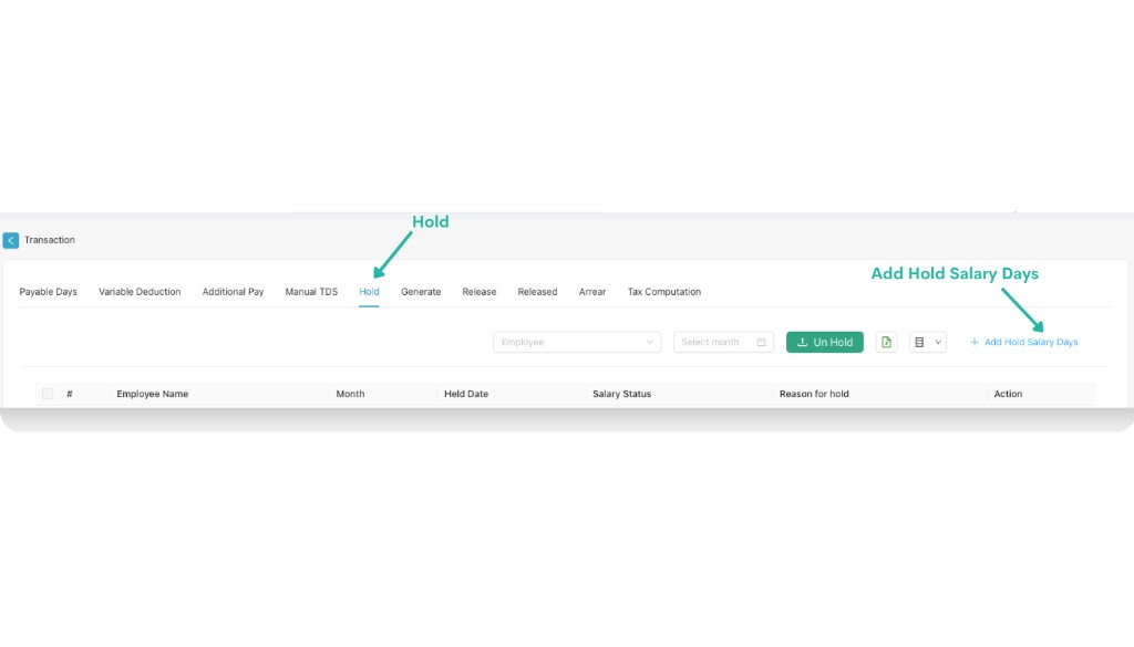 Hold tab with Add Hold Salary Days option highlighted