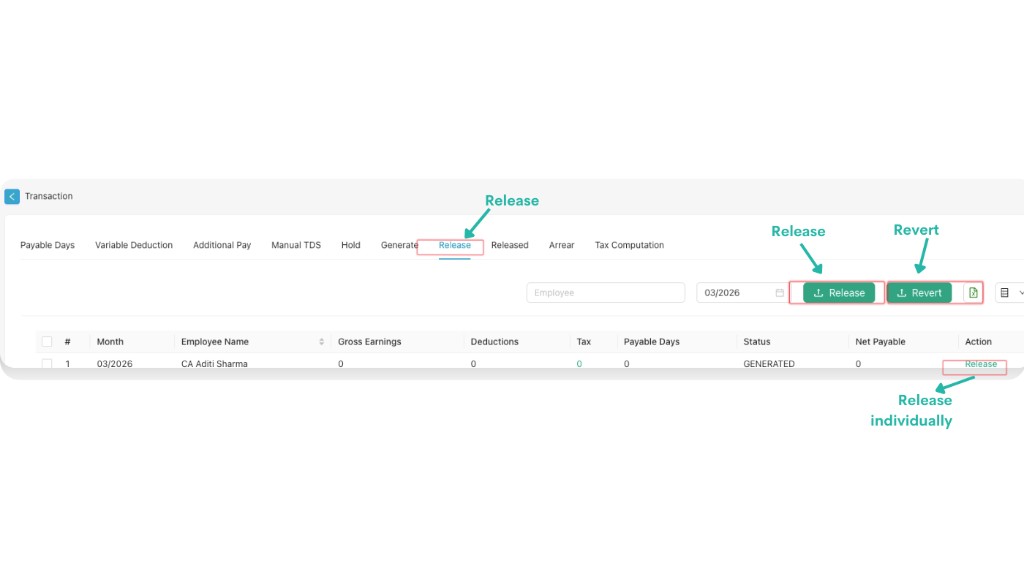 Release tab showing Release and Revert buttons and row-wise Release action