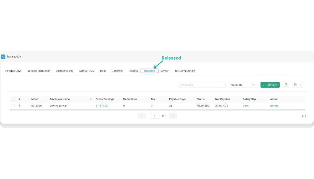 Released tab showing released salary list with salary slip view option