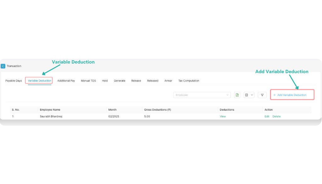 Variable Deduction tab with Add Variable Deduction button highlighted