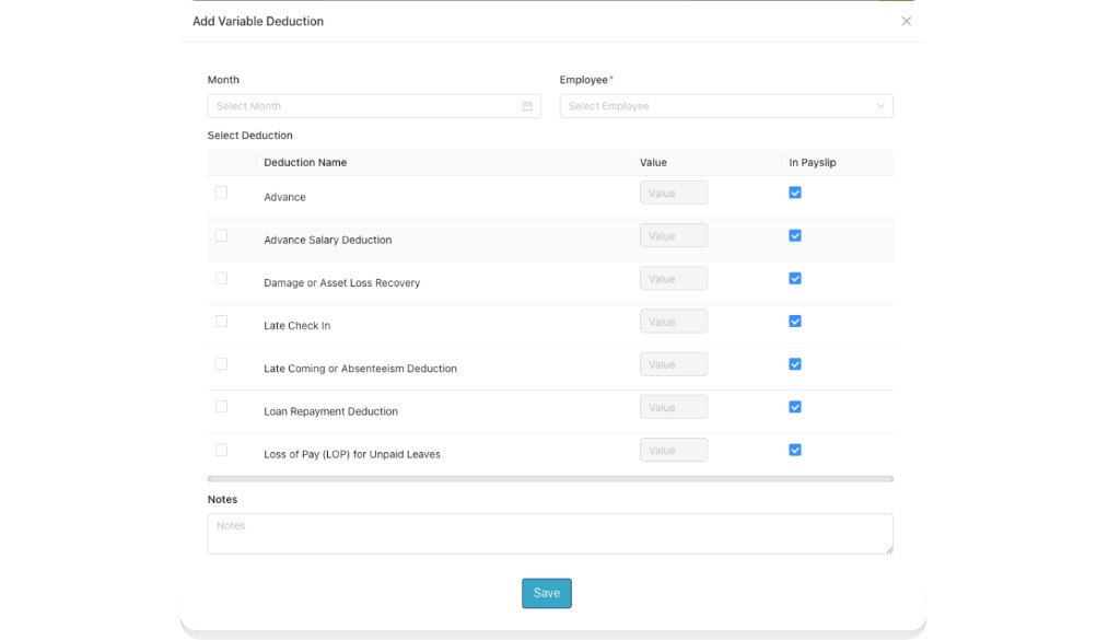 Add Variable Deduction popup showing Deduction Name, Value, and In Payslip checkbox with Notes and Save button