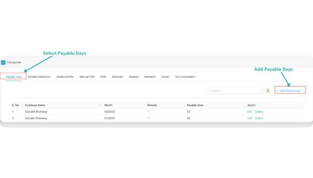 Transaction Payable Days tab with Add Payable Days button highlighted