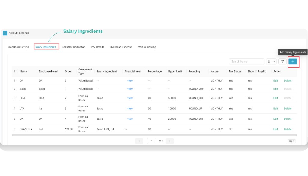 Salary Ingredients list with Add Salary Ingredients plus icon
