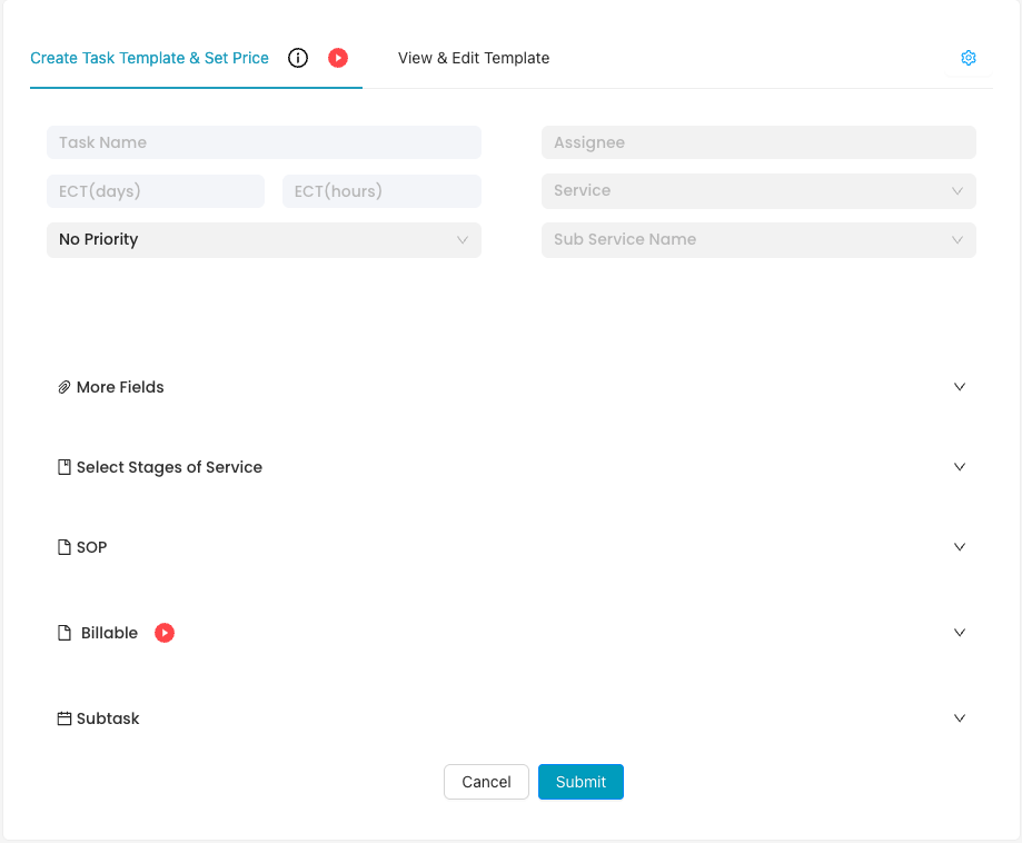 Create Task Template & Set Price form with Task Name, ECT, Priority, Assignee, Service, Sub Service, More Fields, Stages, SOP, Billable, Subtask