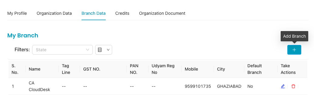 Branch Data page with Add Branch plus button