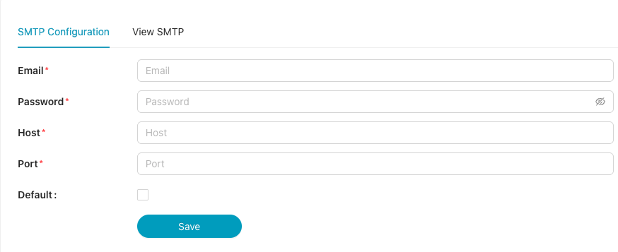 SMTP Configuration form with Email, Password, Host, Port, Default