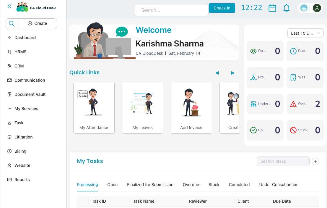 Dashboard with profile icon in top right