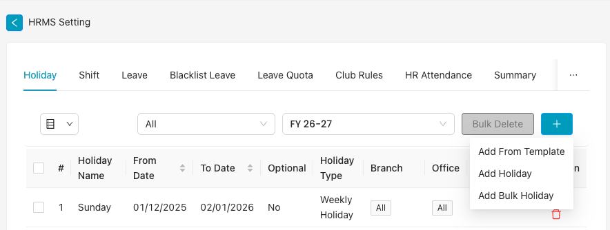 HRMS Setting Holiday tab with + create holiday options