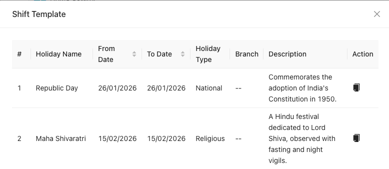 Add from template — Shift Template dialog with predefined holidays