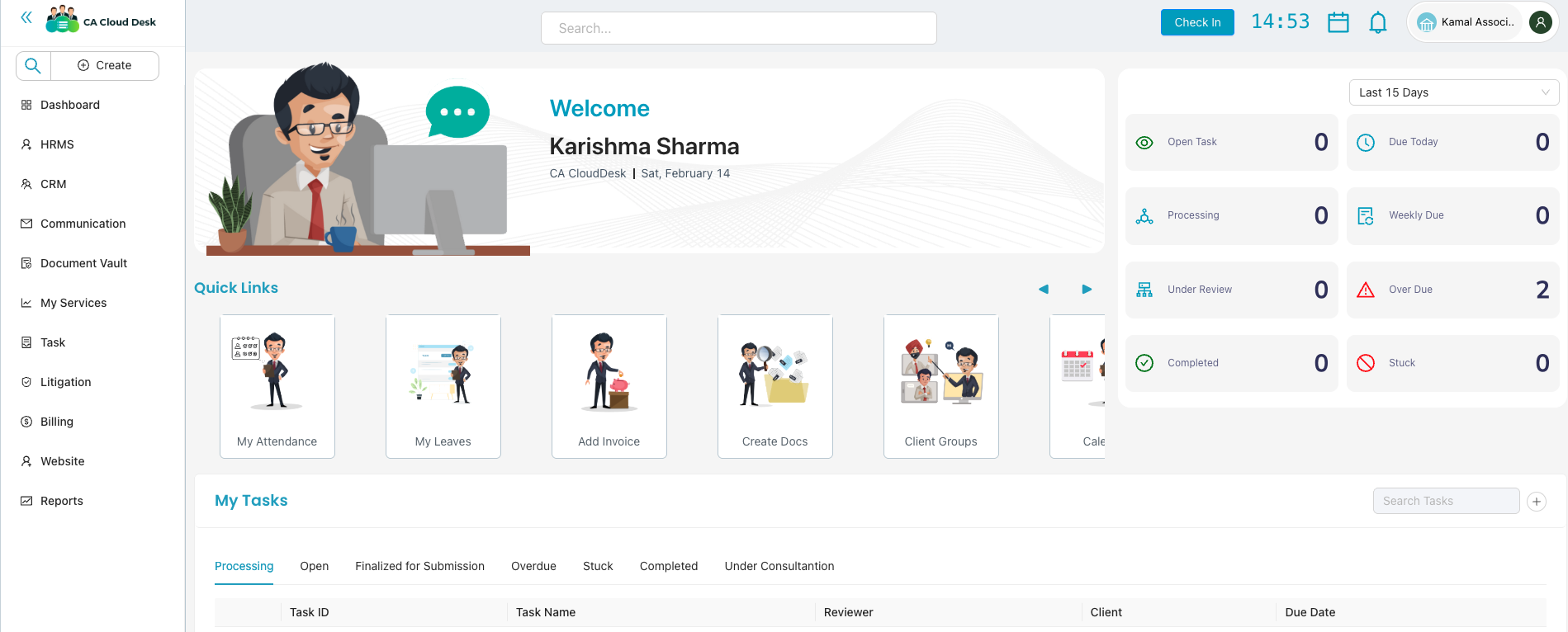 CA Cloud Desk Dashboard — go to Profile then HRMS