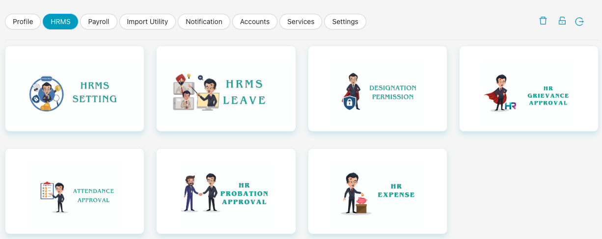 HRMS section with HRMS Setting card