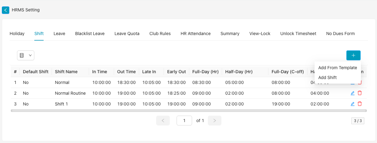 HRMS Setting — Shift tab with + Add shift options