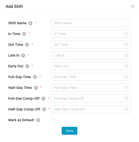 Add Shift form with timings and Mark as Default