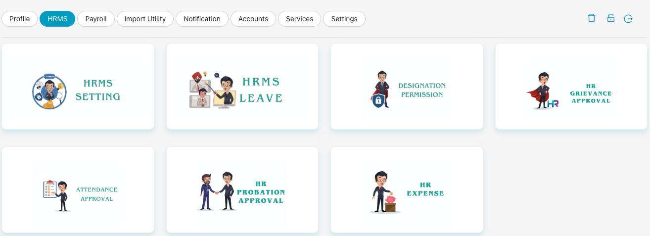 HRMS section with HRMS Setting and HRMS Leave cards