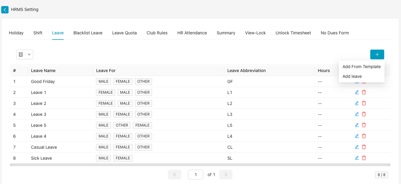 HRMS Setting — Leave tab with + Add leave options