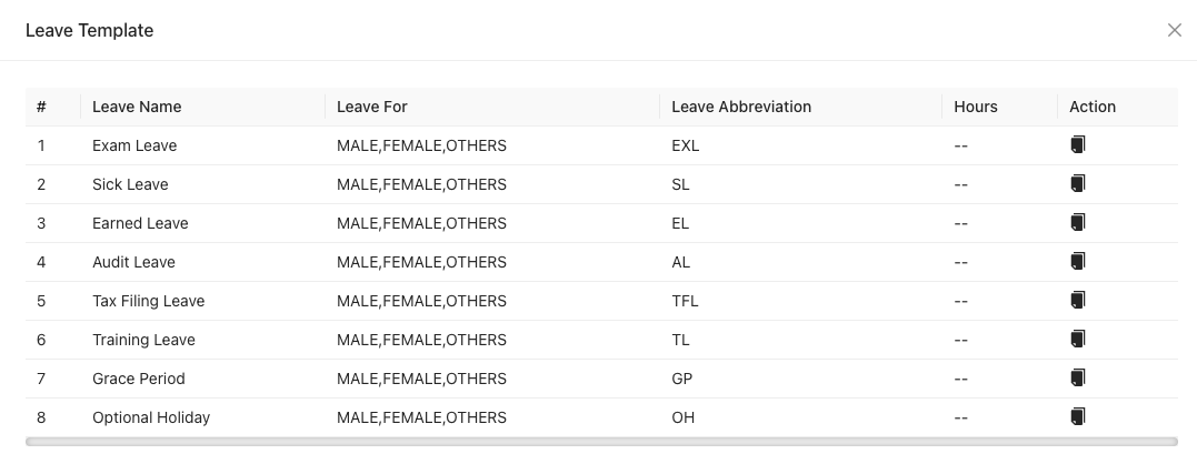 Leave Template modal with predefined leave types