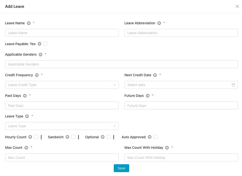 Add Leave form with name, abbreviation, applicable genders, credit frequency, and options