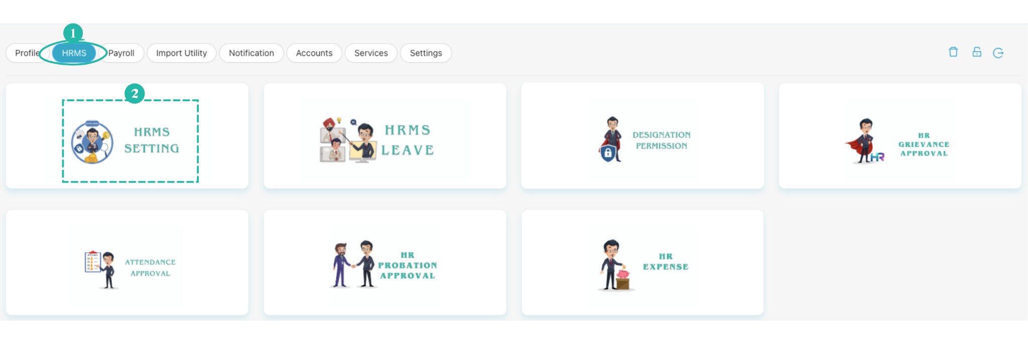 HRMS section with HRMS Setting and HRMS Leave cards