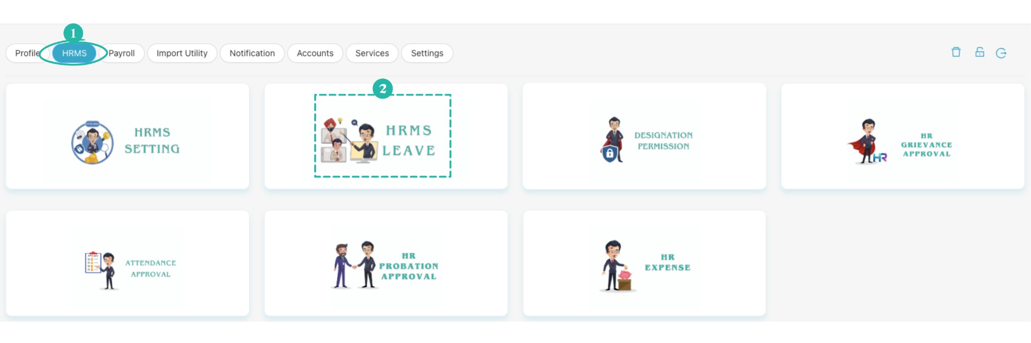 HRMS section with HRMS Leave card