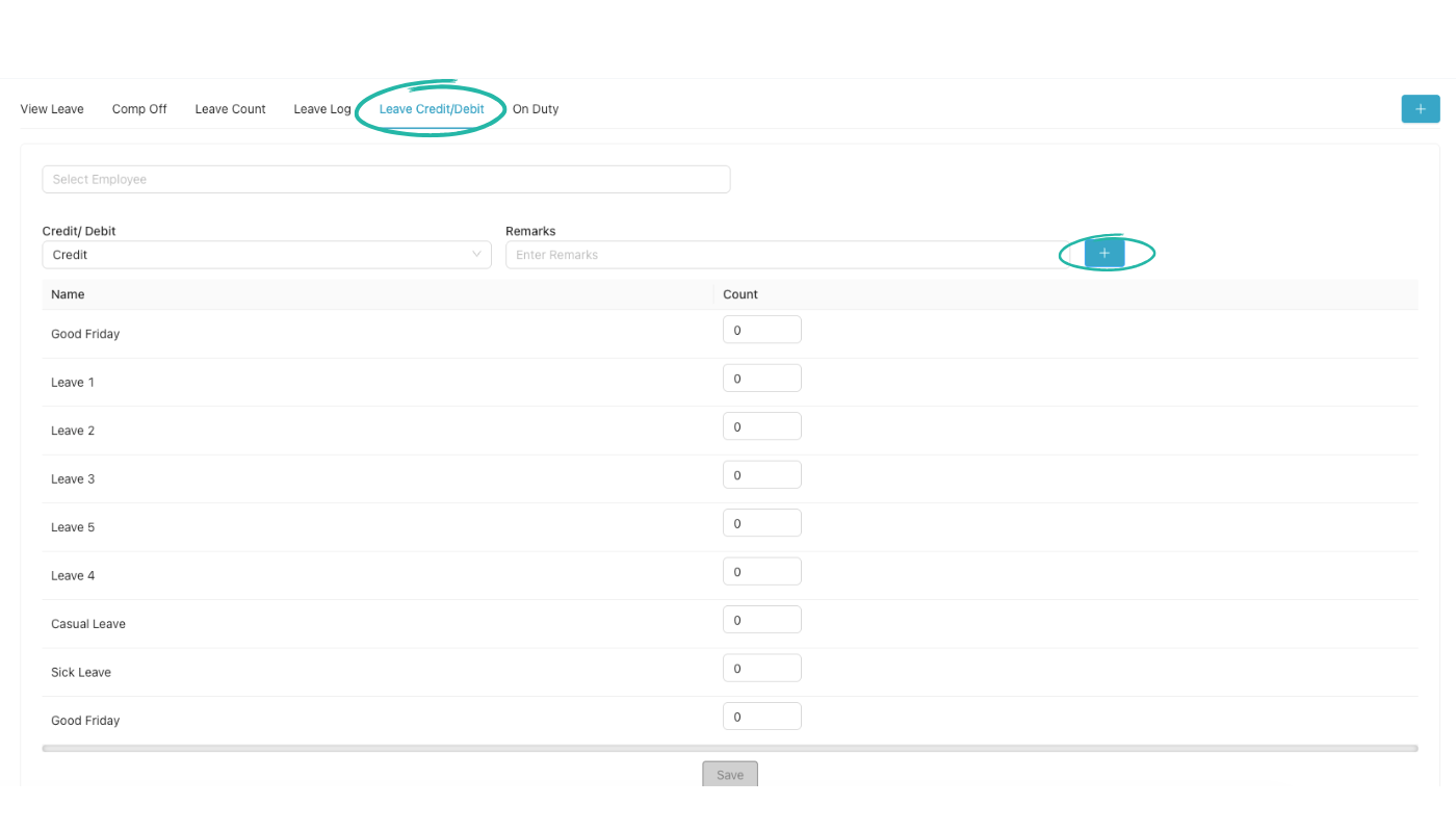 HRMS Leave — Leave Credit/Debit with plus icon beside Remarks