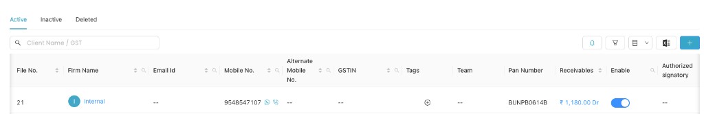 Active tab of Client Desk showing client list with columns like file no, firm name and receivables
