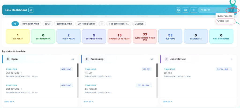 Task Dashboard with plus icon and Create Task option highlighted