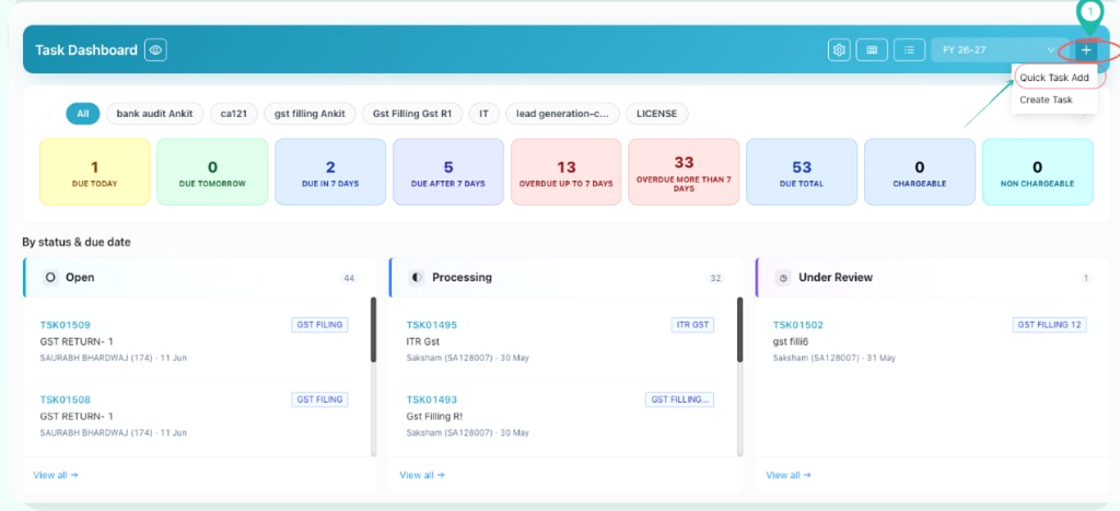 Task Dashboard with plus icon and Quick Task Add option highlighted