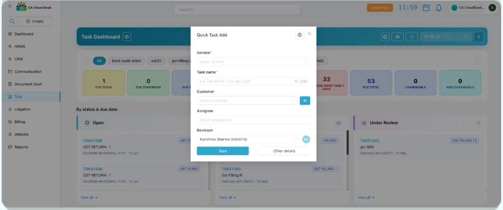 Quick Task Add modal with Service, Task name, Customer, Assignee, and Reviewer fields