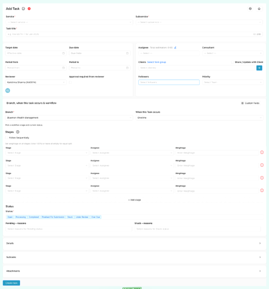 Full Add Task form with service, dates, assignees, workflow stages, and Create task button