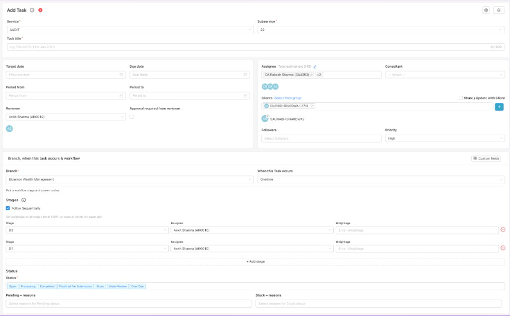 Add Task form with Service, dates, assignees, stages, and status fields