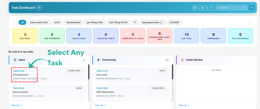 Task Dashboard with Select Any Task annotation on a task card