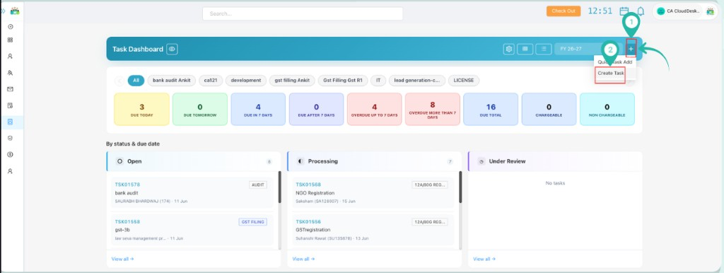 Task Dashboard with Plus icon and Create Task option highlighted