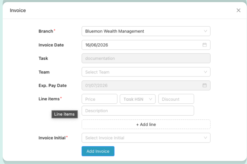 Invoice form with Branch, dates, line items, and Add Invoice button