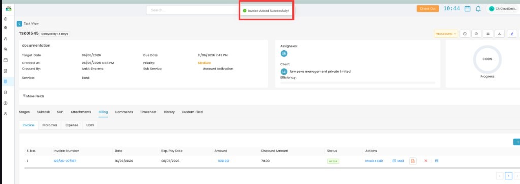 Task view showing Invoice Added Successfully message and invoice list