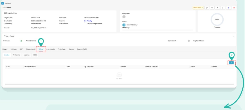 Opened task with Billing tab and plus button annotated
