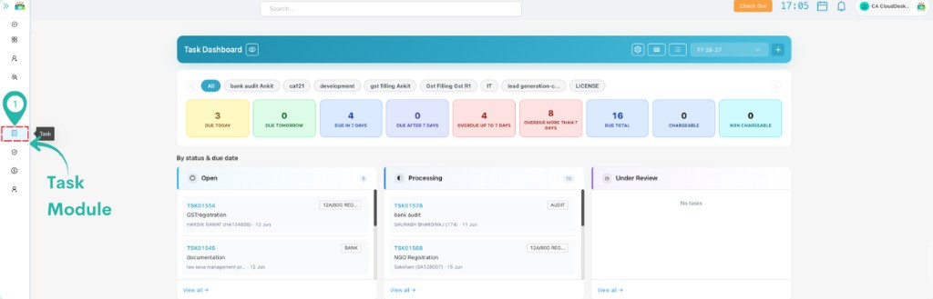 Task Dashboard with Task module annotated in the left navigation