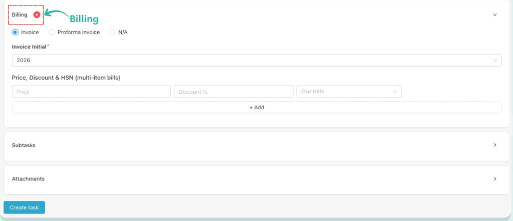 Billing section expanded with Invoice type, Invoice Initial, and price fields