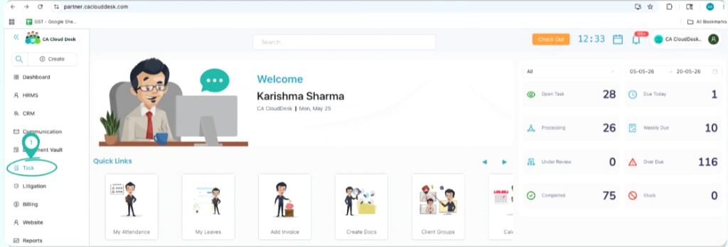 Dashboard with Task highlighted in the left navigation panel