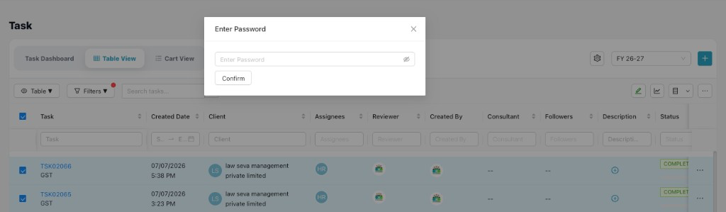 Enter Password dialog with Confirm button on Table View