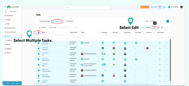 Task table with checkboxes selected and Edit icon highlighted