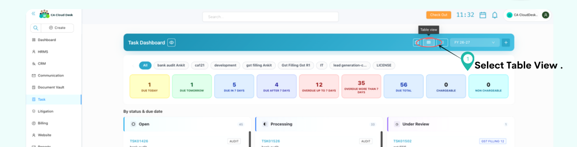 Task Dashboard with Table View icon highlighted