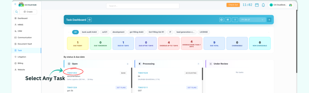 Task Dashboard with a task selected to open