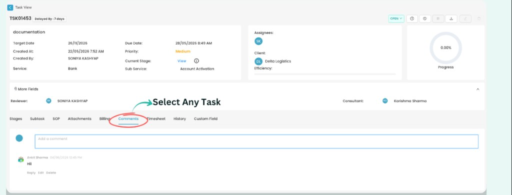 Opened task with Comments tab selected and Add a comment field