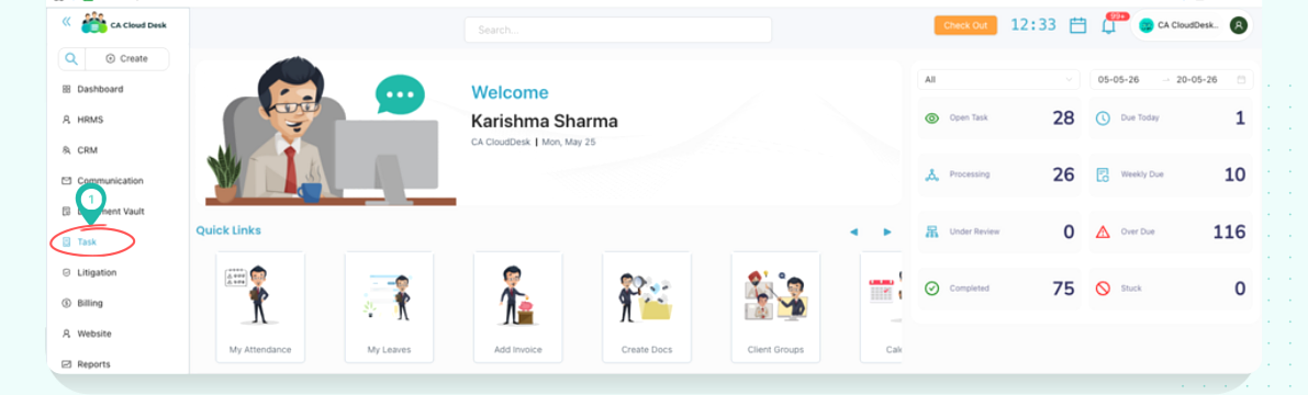 Dashboard with Task highlighted in the left navigation panel