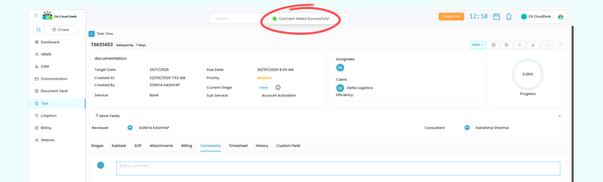 Comment Added Successfully confirmation message