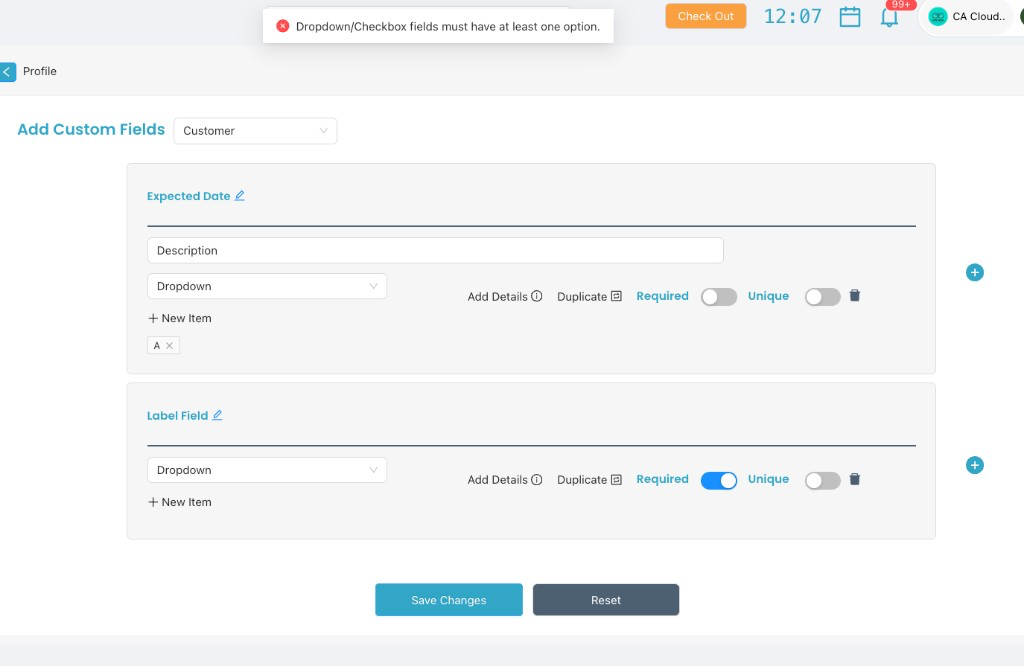 Dropdown field with New Item option and validation message