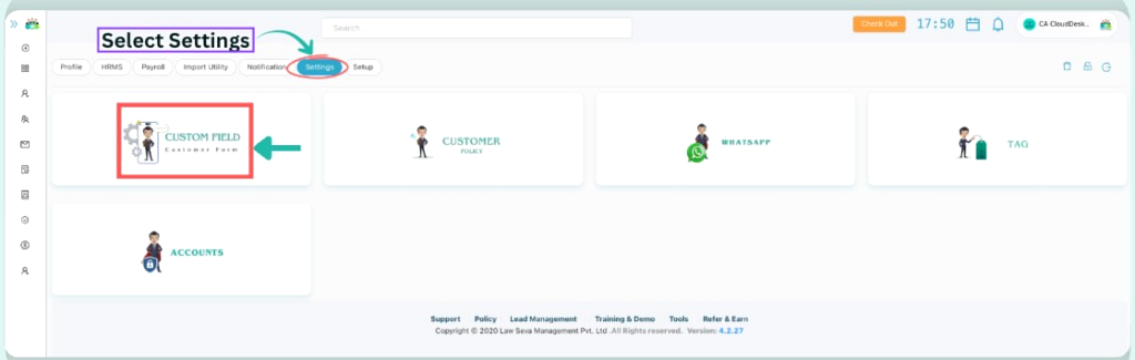 Settings page with Custom Field Customer Form tile highlighted