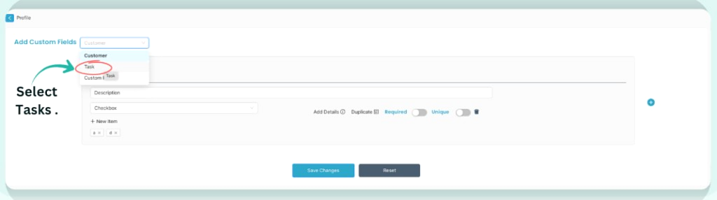 Add Custom Fields page with Task selected in dropdown