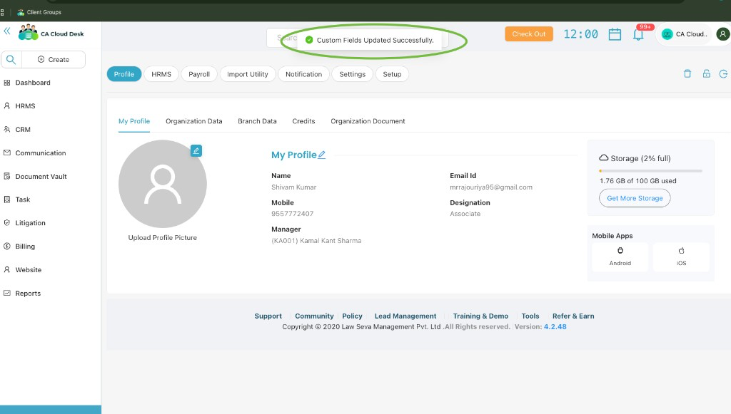 Custom Fields Updated Successfully confirmation message